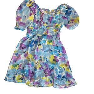 Umgee Floral Dress Smocked Puff Sleeve Small Blue Women